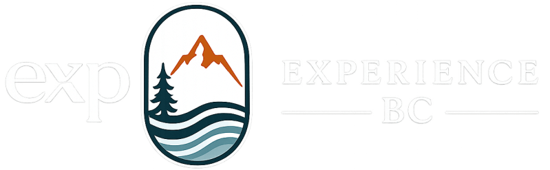 Logo with a mountain, tree, and water in an oval, text 'EXPERIENCE BC'.
