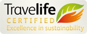 Travelife Certified logo with leaf and hand, text: Excellence in sustainability.