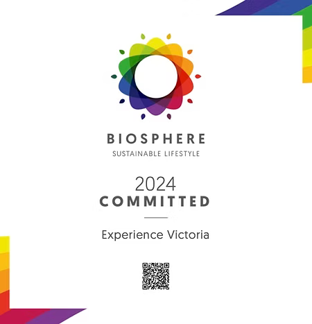 Biosphere 2024 Committed logo with rainbow design and QR code.